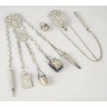 Late Victorian silver mounted chatelaine; together with a part chatelaine & scent bottle.