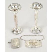 Pair of silver bud vases; plus a vesta case & wine label.