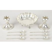 Pair of modern silver mounted dwarf candlesticks, a 1930's pierced dish & a set of six 1940's