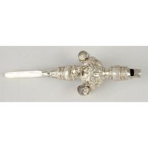 Silver rattle with mother-of-pearl handle.