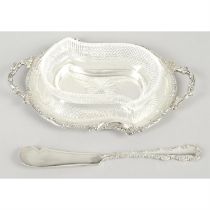 Silver & glass butter dish with matched butter knife.