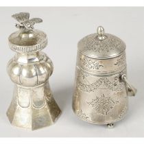 19th century Dutch silver swing-handled pot; plus a pounce pot. (2).