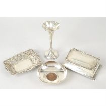 Mid-20th planished silver coin inset dish, pierced dish, bud vase & box (a.f).
