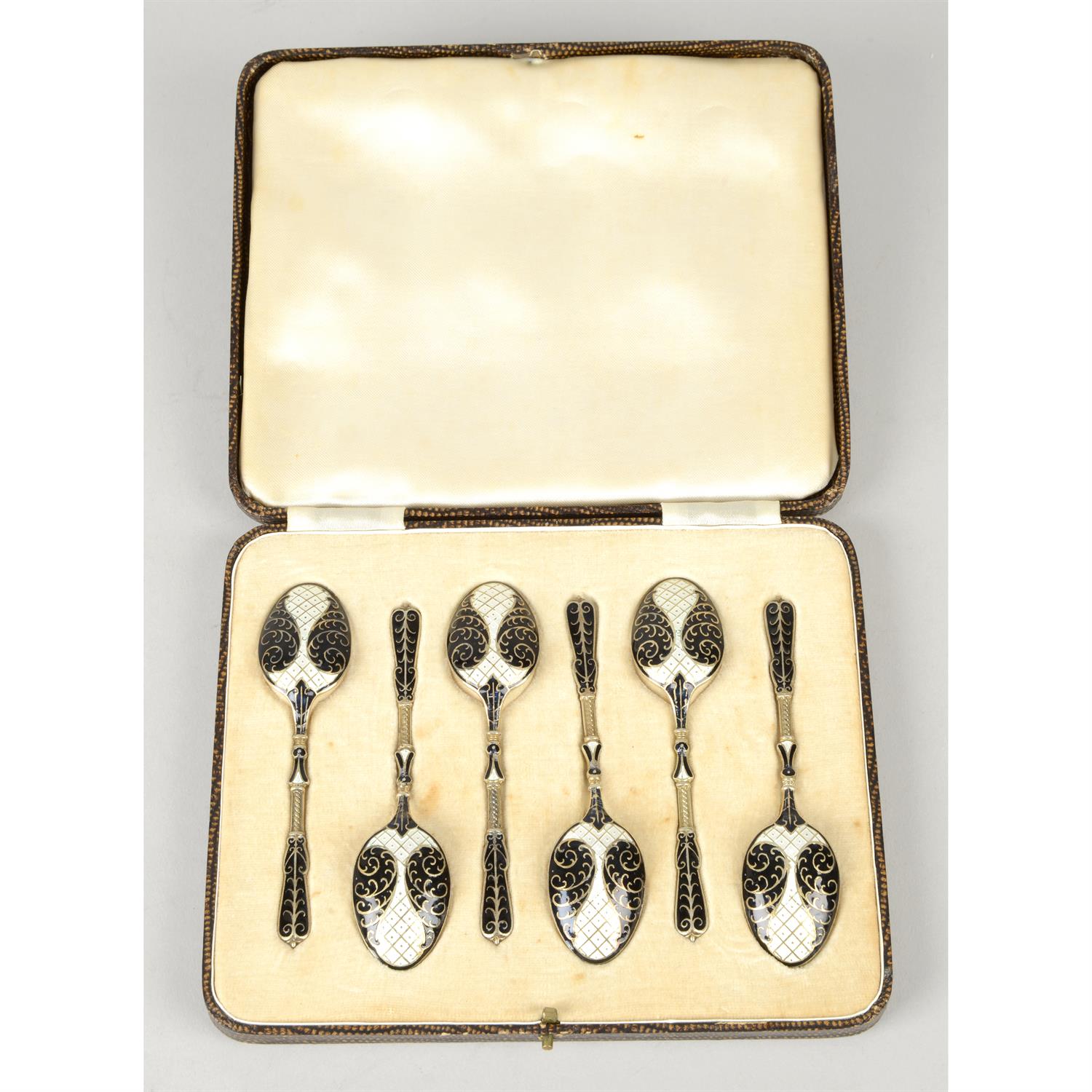 Cased set of mid-20th century silver & enamel coffee spoons.