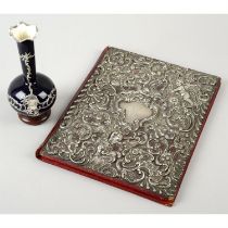 Victorian silver mounted book & silvered metal overlay porcelain vase.