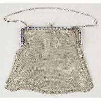 Silver & enamel mounted mesh bag.