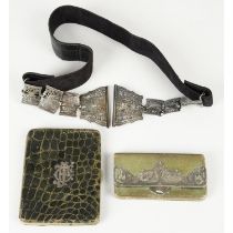 Early 20th century silver mounted purse; plus aide-memoire & a belt. (3).