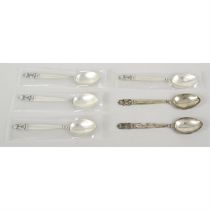 Set of six Georg Jensen silver teaspoons in Acorn pattern.