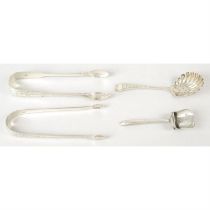 Two pairs of silver sugar tongs, sifter spoon & shovel spoon.