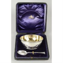 Late Victorian Christening silver bowl & spoon, in fitted case.