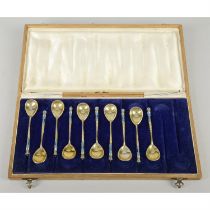 Set of ten Russian silver-gilt & cloisonné enamel spoons.