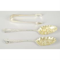 Two Georgian silver 'berry' spoons & a pair of sugar tongs.