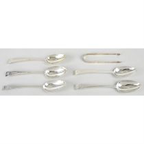 Five George III silver table spoons & a pair of tongs, by Hester Bateman. (6).