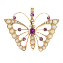 Ruby & split pearl butterfly pendant