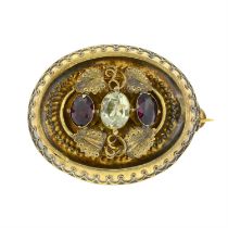 Mid Victorian chrysoberyl & garnet cannetille brooch