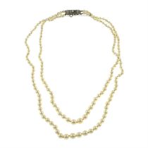Cultured pearl two-row necklace, with diamond clasp
