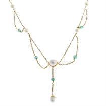 9ct gold cultured pearl & emerald necklace