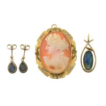 Opal triplet pendant, earrings & a cameo brooch