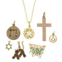 Six pendants, one brooch & a chain