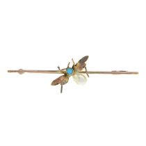 Victorian turquoise & pearl winged insect bar brooch