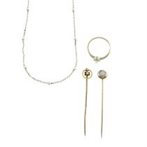 A gem ring, necklace & two stickpins