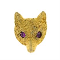 9ct gold fox mask tie pin, with pink sapphire eyes