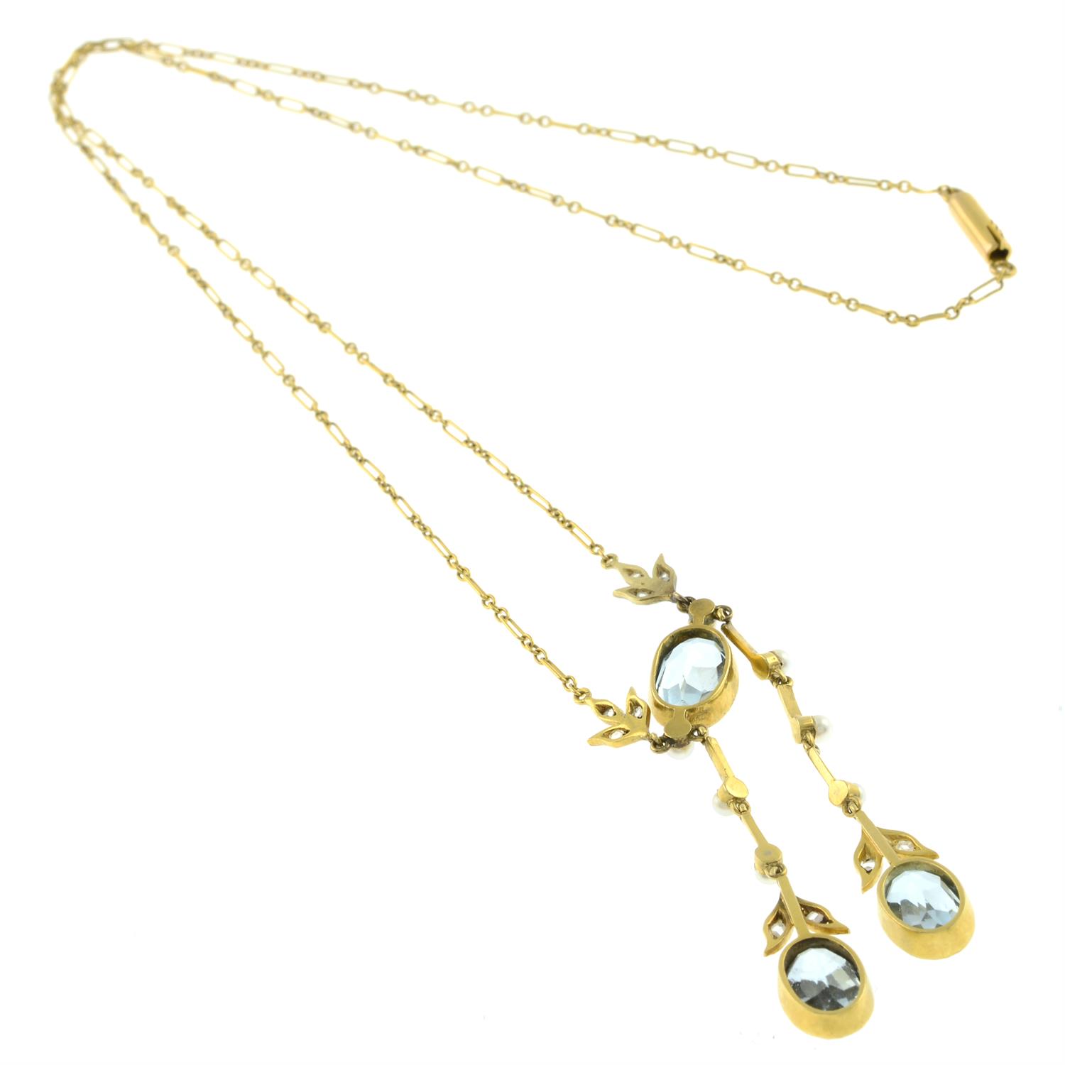 Edwardian gold aquamarine, diamond & seed pearl negligee necklace - Image 2 of 2