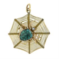 Green gems & split pearl spider pendant
