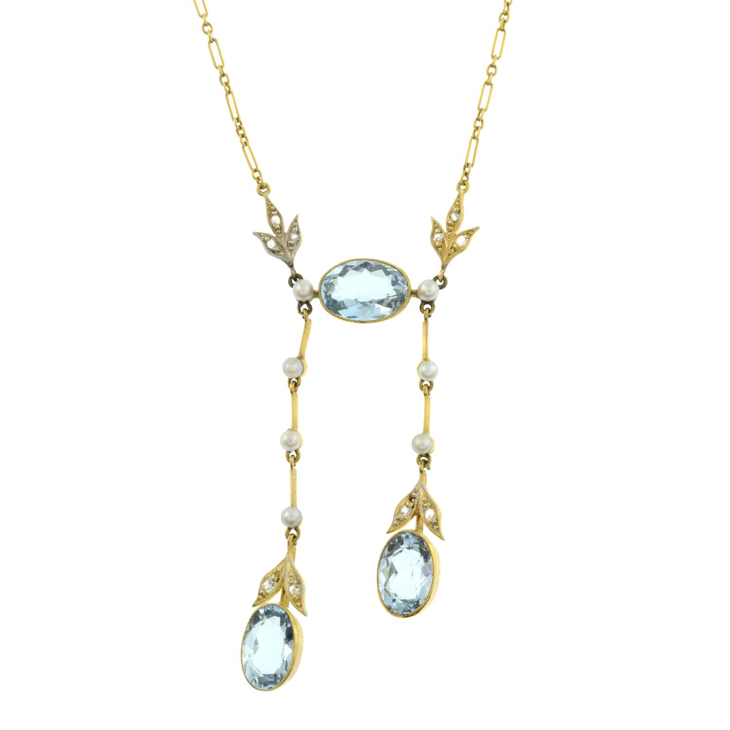 Edwardian gold aquamarine, diamond & seed pearl negligee necklace