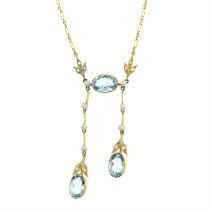 Edwardian gold aquamarine, diamond & seed pearl negligee necklace
