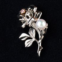 Pink sapphire & cultured pearl rose pin, Mikimoto