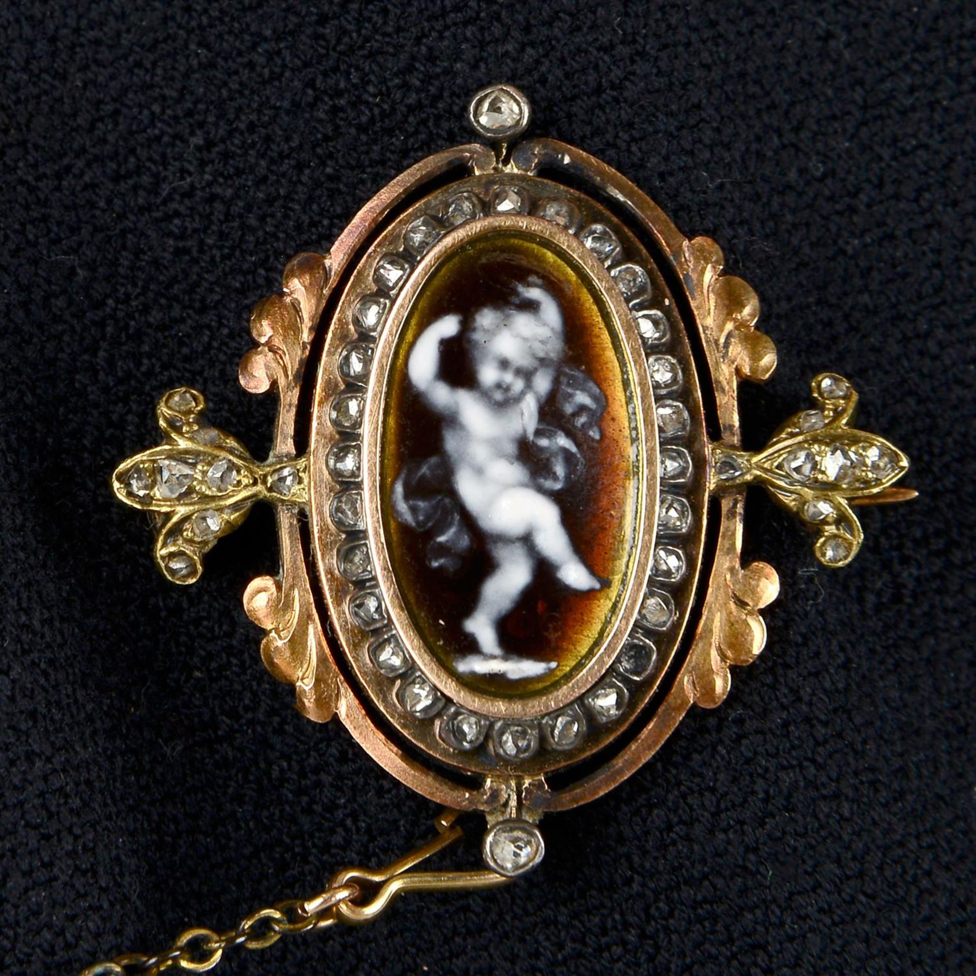 Late 19th c. gold diamond and enamel brooch