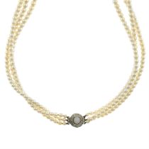 Cultured pearl three-row necklace, diamond clasp