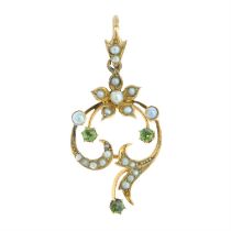 Edwardian gold demantoid garnet & split pearl pendant