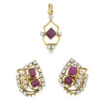 Ruby & colourless gem earrings & pendant