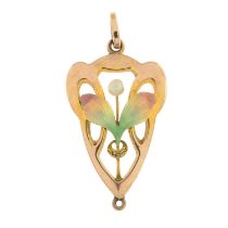 Art Nouveau 9ct gold enamel & cultured pearl pendant