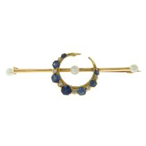 Victorian sapphire, diamond & seed pearl crescent brooch