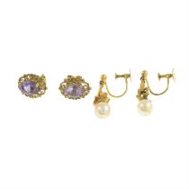 Two pairs of 9ct gold gem-set earrings