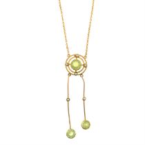 Edwardian peridot & split pearl pendant & chain
