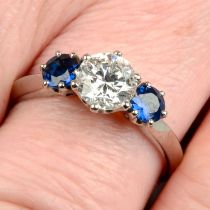 Platinum brilliant-cut diamond and sapphire three-stone ring