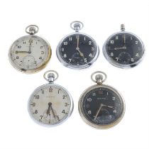 A group of five military issue pocket watches.
