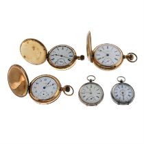A group of five pocket watches.