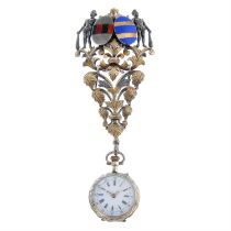 An open face fob watch (28mm) with Coat of Arms attachment.
