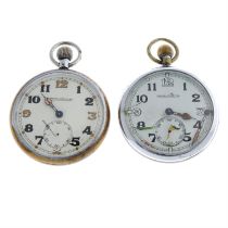 An open face military issue pocket watch by Jaeger-LeCoultre (51mm) with a similar example.
