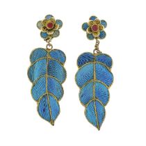 Early 20th century kingfisher feather earrings