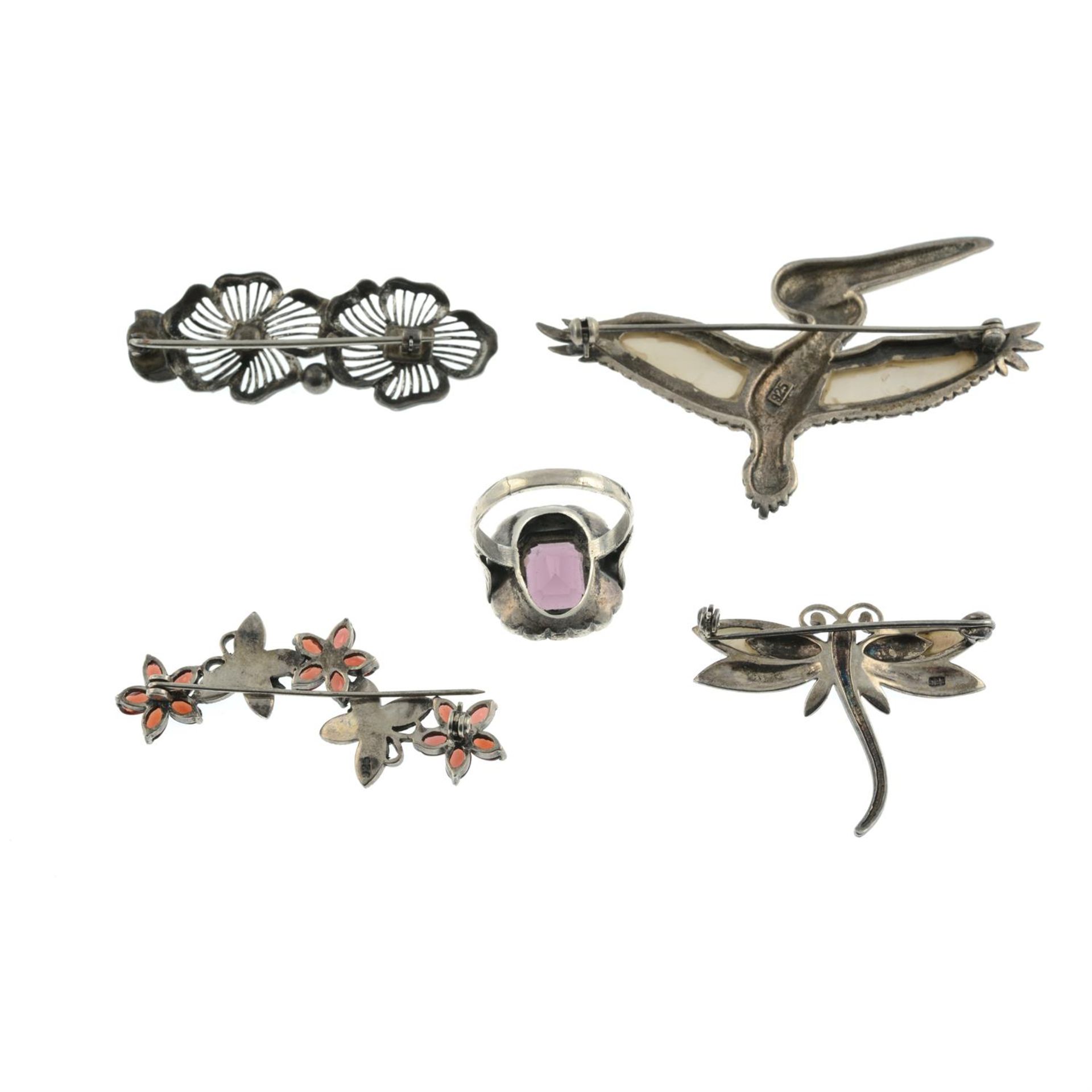 Four marcasite brooches, together with a amethyst and marcasite cluster ring - Image 2 of 2
