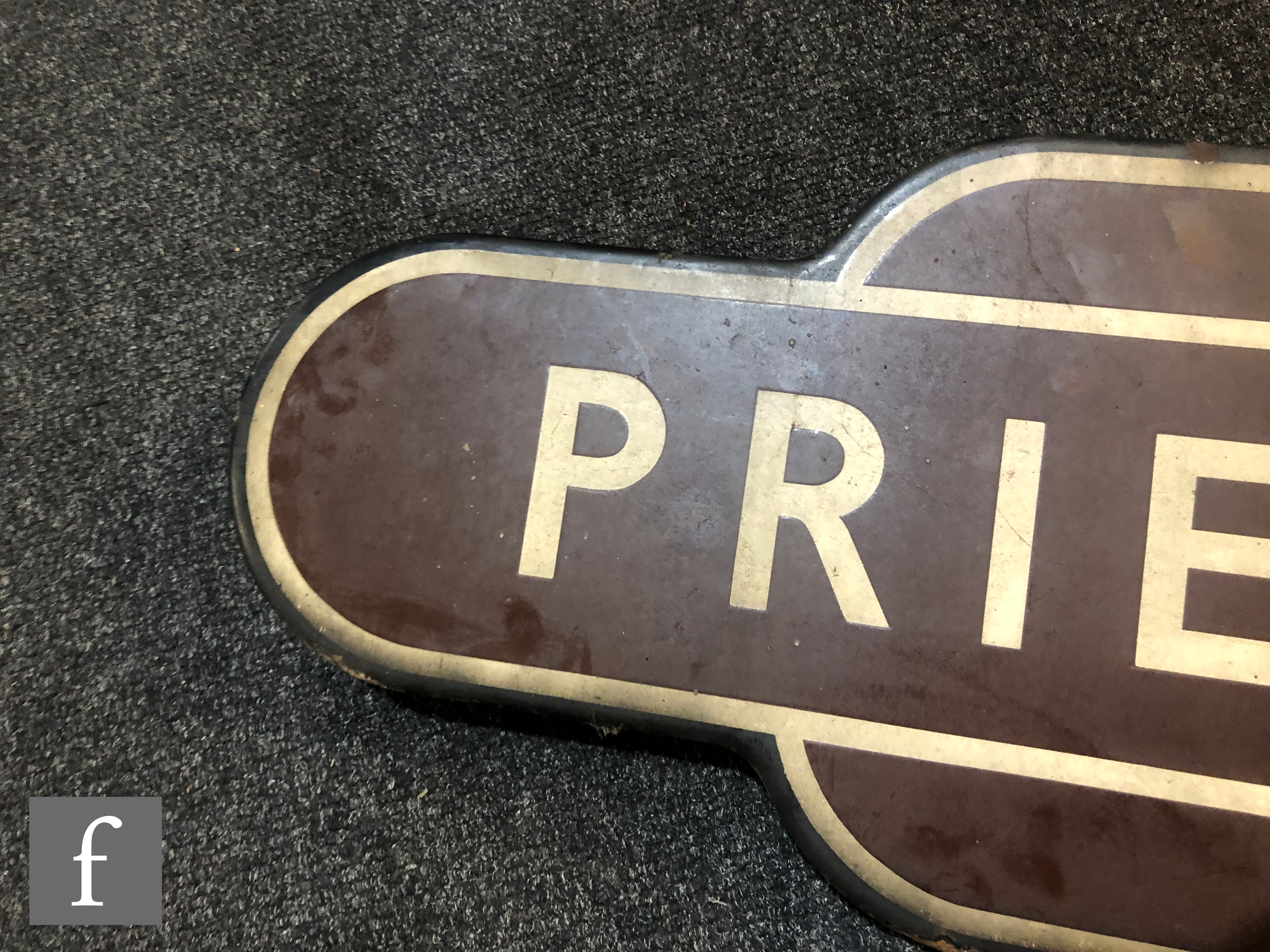 A railway totem sign for Priestfield, white lettering on brown background, 26cm x 92cm. - Image 4 of 6