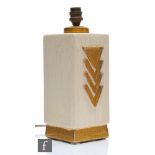 A 1930s Charles Harva French Art Deco square lamp base decorated with a gold craquelure lustre panel