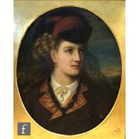 FRENCH SCHOOL (CIRCA 1880) - Portrait of lady wearing a plumed hat and dark red coat, long bust