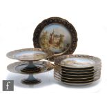 An early 20th Century Sevres dessert service, each piece decorated to the central roundel with a